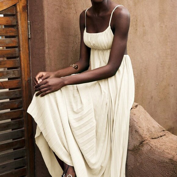 Beige Sexy Women's Loose Design Linen-Color Shirt Collar Pleated Midi Dress - Picture 4 of 9